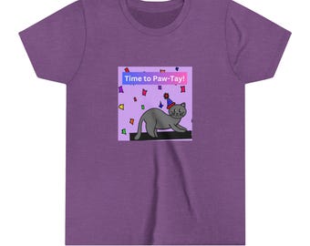 Camiseta juvenil de manga corta con texto "Time to Pawtay Cat"
