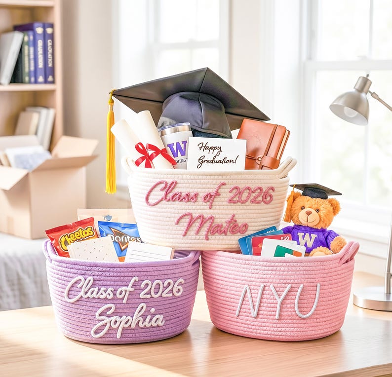 Personalized Graduation Gift Basket - College Dorm Storage Bin, Senior ...