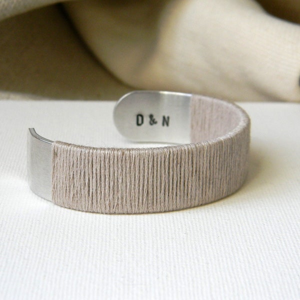 Linen anniversary gift. 4th or 12th wedding anniversary gift. Custom cuff bracelet. Gift for wife, for husband, for couple. Personalized.