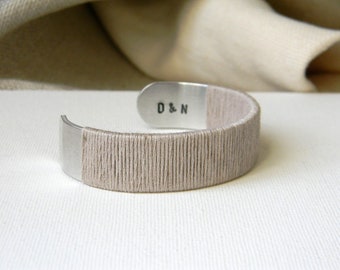 Linen anniversary gift. 4th or 12th wedding anniversary gift. Custom cuff bracelet. Gift for wife, for husband, for couple. Personalized.