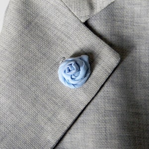 Blue lapel pin. Dark blue lapel flower. Fabric boutonniere. Pale blue buttonhole pin. Made in Italy . Blue wedding accessories. image 7