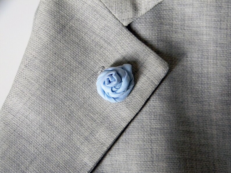 Blue lapel pin. Dark blue lapel flower. Fabric boutonniere. Pale blue buttonhole pin. Made in Italy . Blue wedding accessories. image 7