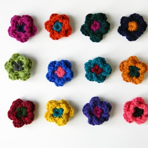 May include: Twelve crocheted flower embellishments in various colors, including red, green, blue, yellow, and purple. Each flower has a five-pointed star shape with a smaller circle in the center.