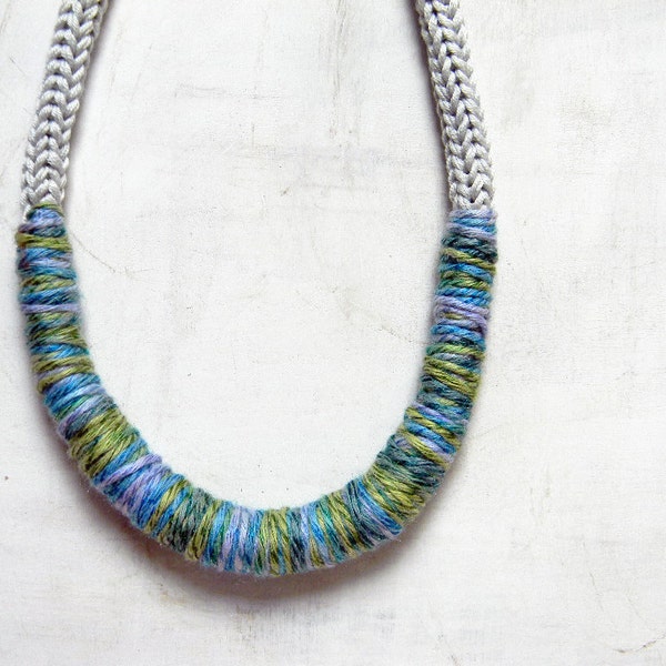 Statement necklace, cotton thread. Grey pearl,  pale blue, turquoise, apple green.