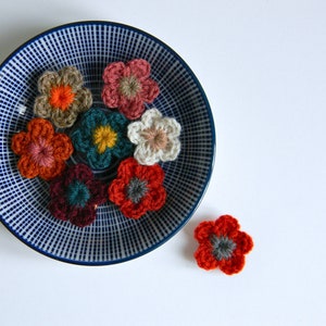 Könnte beinhalten: Eine Sammlung handgefertigter Häkelblumen in verschiedenen Farben, darunter Orange, Rot, Türkis und Beige, angeordnet auf einem blau-weiß gemusterten Teller. Eine Blume ist separat. Die Blumen haben ein detailliertes, strukturiertes Aussehen.