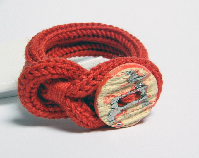 Red Wool Yarn Bracelet. Ceramic Button. Yarn Jewelry. Etsy