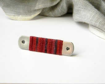 Wool brooch. Pocket pin. Scarf, coat, hat pin. Red, purple, blue. Handmade in Italy. Rectangular. 50 x 13 mm - 2 x 1/2 inch