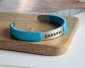 Word bracelet. Bonheur. Message cuff bracelet. Men bracelet. Women bracelet. Color at your choice. Made in Italy. Gift for girlfriend.