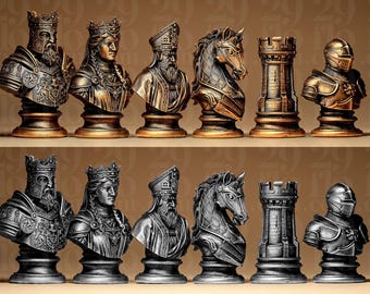 Set di scacchi dei cavalieri medievali, figure in stile Re Artù, pezzi del gioco da tavolo dei crociati, regalo di strategia in resina di lusso, dipinto a mano in oro e argento