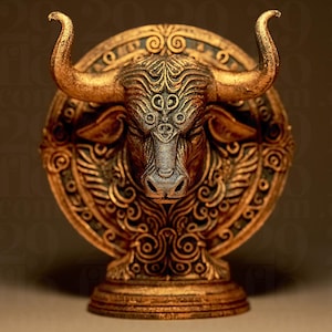 Op de afbeelding: Een bronzen stierbeeld met ingewikkelde details. De stier heeft grote gebogen hoorns en staat tegen een cirkelvormige achtergrond met sierlijke patronen. Het beeld is op een voetstuk gemonteerd.