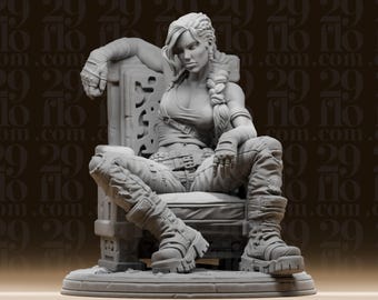 Estatua de guerrera postapocalíptica - Figura de superviviente femenina en reposo - Miniatura de trono de piedra - Arte de escritorio de ciencia ficción - Modelo de resina