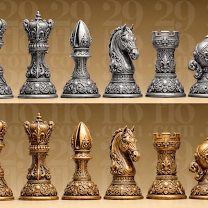 Luxury Fleur de Lis Chess Set - Baroque Royal Chess Pieces - Hand Painted Resin - Antique Gold and Silver - 32 Piece Set