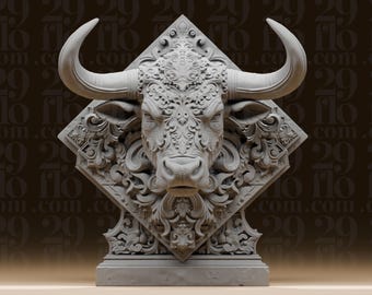Busto de toro del zodíaco Tauro - Estatua astrológica ornamentada - Escultura animal intrincada - Arte de escritorio del horóscopo - Figura de resina impresa en 3D