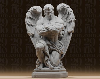 Muscular Angel Statue - Kneeling Winged Guardian - Classical Male Figure - Fantasy Desk Decor - 3D Printed Resin Model
