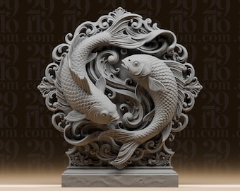 Pisces Zodiac Fish Sculpture - Ornate Astrology Statue - Intricate Twin Koi Figure - Horoscope Desk Art - 3D Printed Resin Model