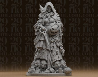 Halloween-Hexenstatue einer Näherin mit Kürbis und Schere