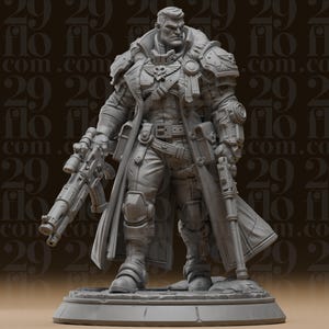 Peut inclure: Une figurine miniature en résine grise représentant un soldat portant un long manteau, des épaulettes blindées et une plaque de poitrine avec un emblème de crâne. La figurine tient un fusil et un pistolet, sur une base circulaire avec 29 flo.