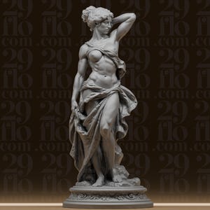 May include: A detailed, grey sculpture of a woman in classical attire. The statue features a draped garment and is posed with one arm raised. The sculpture is mounted on a decorative base, showcasing fine details and artistic craftsmanship.
