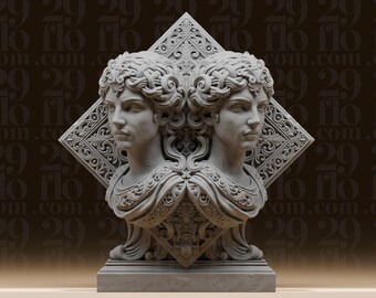 Busto de los gemelos del zodíaco Géminis - Estatua astrológica ornamentada - Escultura de rostros clásicos intrincados - Arte de escritorio con horóscopo - Figura de resina impresa en 3D
