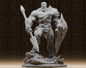 Muscular Barbarian Statue - Fantasy Warrior Figure - RPG Tabletop Miniature - Hero with Spear and Shield - 3D Printed Resin Art