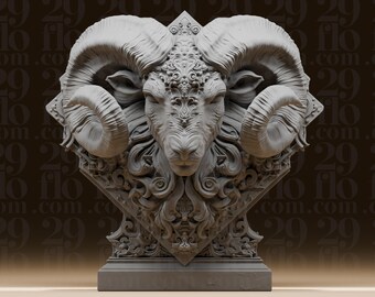 Busto de carnero del zodíaco Aries - Estatua astrológica ornamentada - Escultura animal intrincada - Arte de escritorio del horóscopo - Figura de resina impresa en 3D