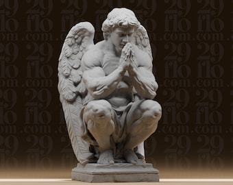 Muscular Praying Angel - Crouching Winged Guardian - Classical Male Statue - Fantasy Desk Decor - 3D Printed Resin