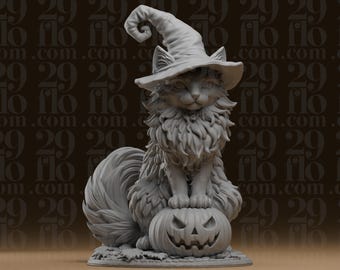 Hexenkatzenstatue mit Kürbislaterne - Flauschige Halloween-Figur