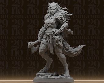 Wolf Woman Warrior Statue - Fantasy Werewolf Figure - Barbarian RPG Miniature - Tribal Beast Decor - 3D Printed Resin Model