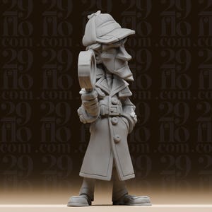 May include: A gray figurine of a detective, wearing a hat and trench coat, holding a magnifying glass. The figurine has a cartoonish design and is standing with its hands in its pockets. The background has the text "29 flo com" repeated.