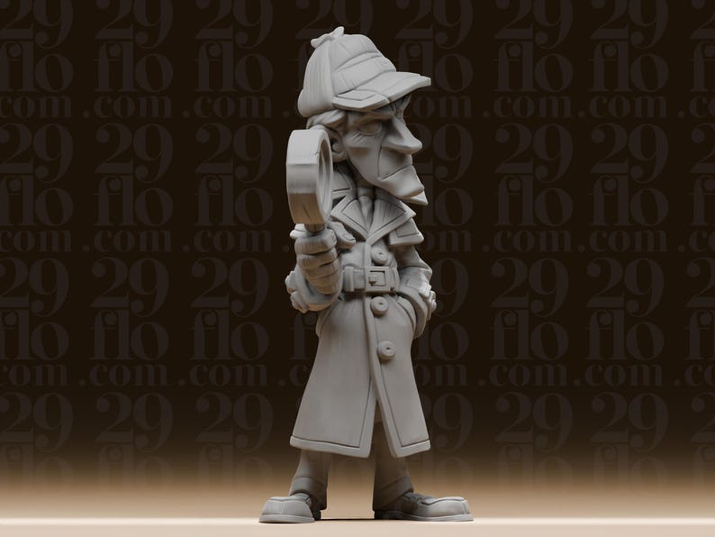 May include: A gray figurine of a detective, wearing a hat and trench coat, holding a magnifying glass. The figurine has a cartoonish design and is standing with its hands in its pockets. The background has the text "29 flo com" repeated.