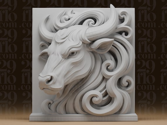 Ox Chinese Zodiac Plaque - Resin Bas Relief Sculpture - 3D Printed Wall Art - Bull Zodiac Decor - Primed Relief Panel by 29floDesign
