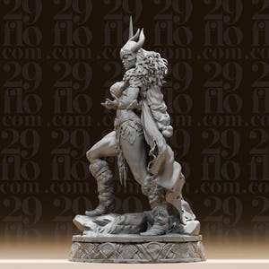 May include: A detailed gray sculpture of a warrior woman with horns, fur accents, and intricate armor. The figure is posed dynamically, standing on a detailed base. The background features a repeating pattern of the word "flo" and the number "29".