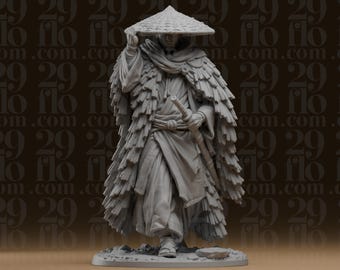 Ronin-Statue im Strohmantel – Wandernder japanischer Samurai-Krieger – Kunstharzskulptur
