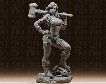 Estatua de guerrera femenina de estilo Grimdark - Martillo de guerra con pinchos de gran tamaño - Miniatura de aventurero - Figura de fantasía - Jefe de juego de rol de mesa