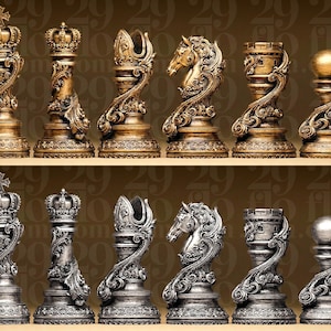 Royal Baroque Chess Set, Ornamental Filigree Figures, Luxury Art Nouveau Decor, Elegant Resin Board Game, Antique Gold Hand Painted