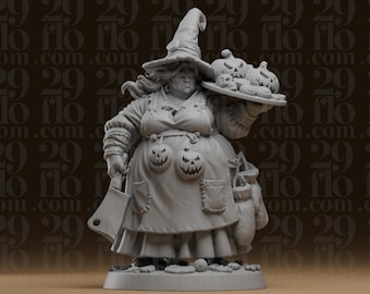 Kürbis-Metzger-Hexenstatue mit Hackbeil und Halloween-Platte