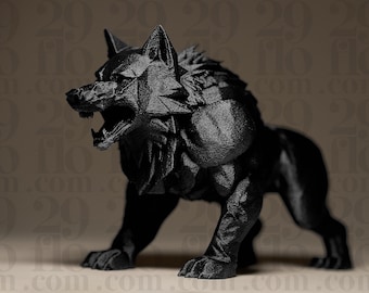 May include: A black 3D printed miniature of a snarling wolf, standing on a brown surface.
