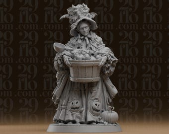 Erntehexenstatue mit Fledermaushut und gruseligem Halloween-Korb