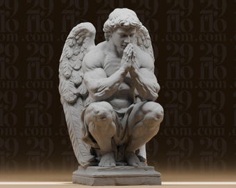 Muscular Praying Angel - Crouching Winged Guardian - Classical Male Statue - Fantasy Desk Decor - 3D Printed Resin