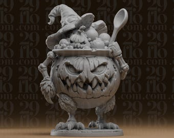 Hexen-Kürbiskessel-Monsterstatue mit Besen und Löffel