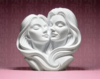 Escultura, figura o estatuilla impresa en 3D de dos mujeres enamoradas para decorar el hogar en San Valentín.
