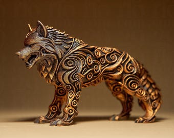 May include: A bronze wolf figurine with detailed swirling patterns carved into its body. The wolf is in a standing pose with its mouth open, showcasing detailed craftsmanship. The sculpture has a textured finish and is set against a neutral background.