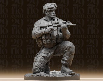 May include: A grey sculpture of a soldier kneeling, holding a rifle. The soldier is wearing a helmet, tactical vest, and combat boots. The background has a repeating pattern of the text "29 flo com".