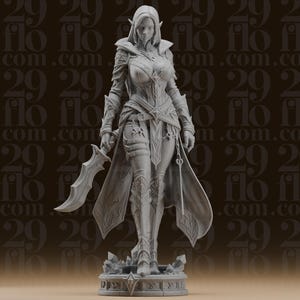 May include: A detailed gray figurine of a female warrior, holding a curved blade. She wears armor, a hooded cloak, and stands on a decorative base. The background features a repeating pattern of the number 29 and the word "flo".