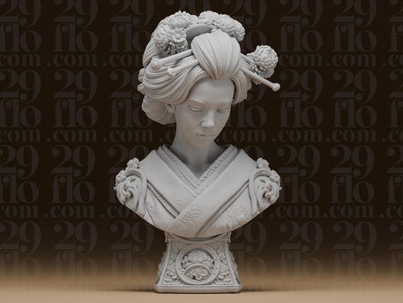 Geisha Bust Sculpture - Japanese Resin Statue - 3D Printed Female Bust - Kimono Decor - Collectible Art Gift by 29floDesign