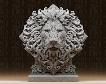Busto de león del zodíaco Leo - Estatua astrológica ornamentada - Escultura animal intrincada - Arte de escritorio con horóscopo - Figura de resina impresa en 3D