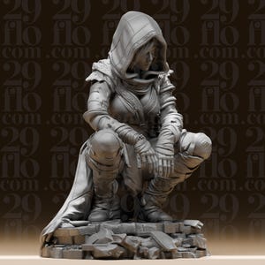 May include: A detailed, grey figurine of a hooded figure in a crouching position, resting on a stone base. The figure is wearing armour and wrapped bandages. The background has a repeating pattern of the text "flo.com".