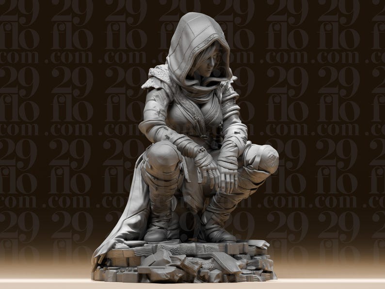May include: A detailed, grey figurine of a hooded figure in a crouching position, resting on a stone base. The figure is wearing armour and wrapped bandages. The background has a repeating pattern of the text "flo.com".