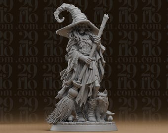 Halloween-Hexe mit schwarzer Katze – Statue einer gotischen Hexe auf einem Besen – Kunstharzskulptur