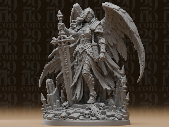 Blindfolded Battle Angel Statue - Winged Female Warrior - Gothic Greatsword Sculpture - Dark Fantasy Decor - Resin Collectible by 29floDesign